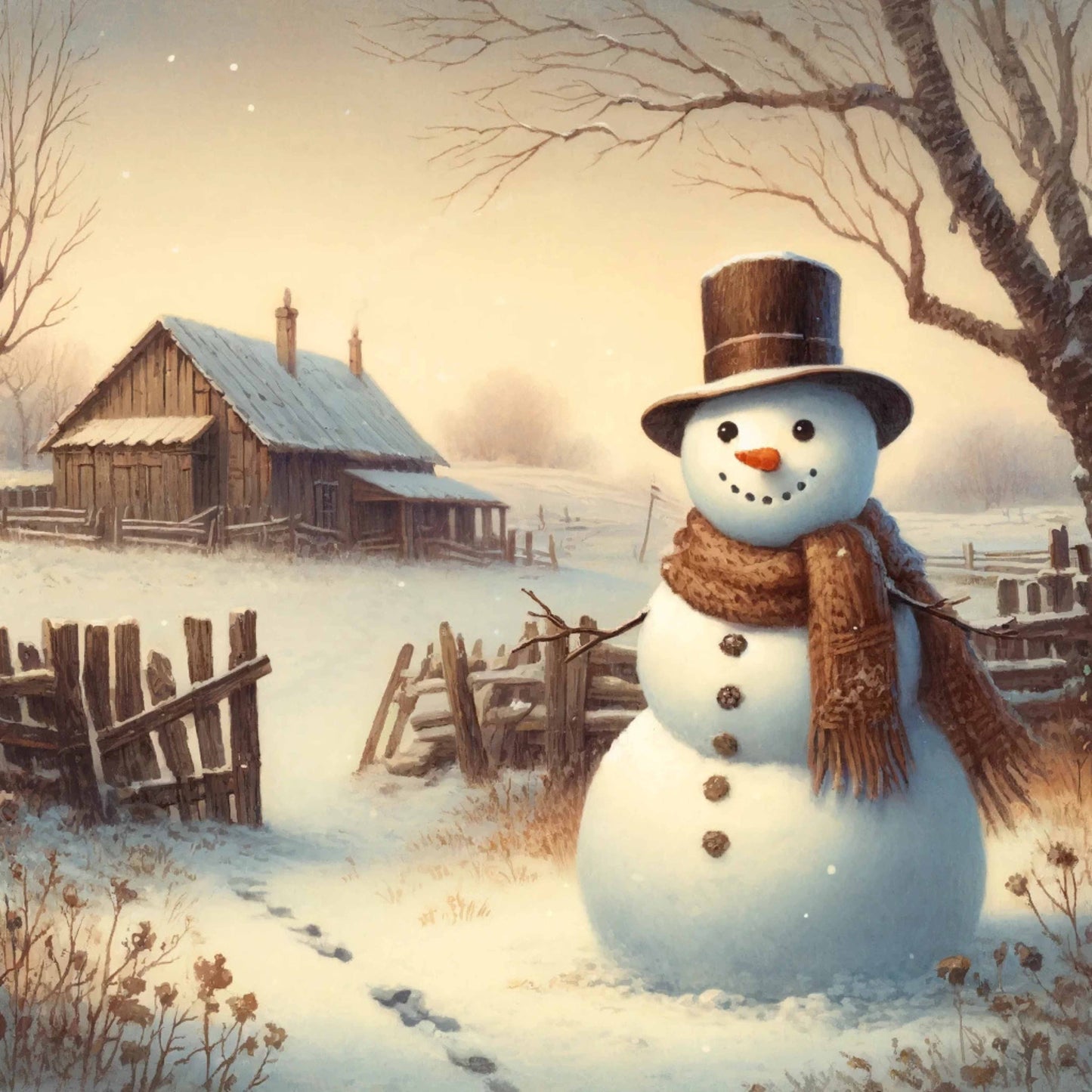 Primitive Snowman at Dusk Canvas