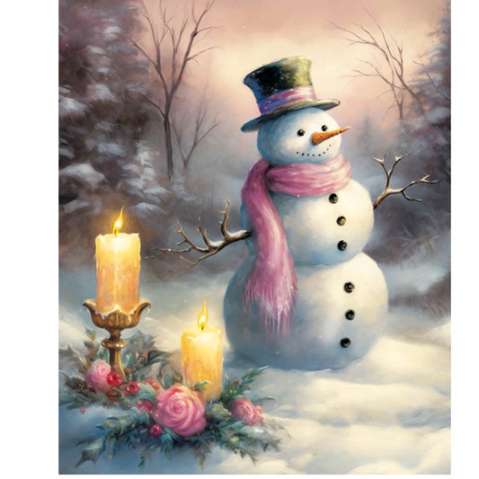 Snowman With Candle and Flowers Canvas