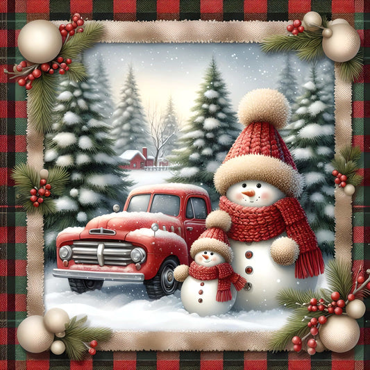 Snowman in Truck in Plaid Frame Canvas