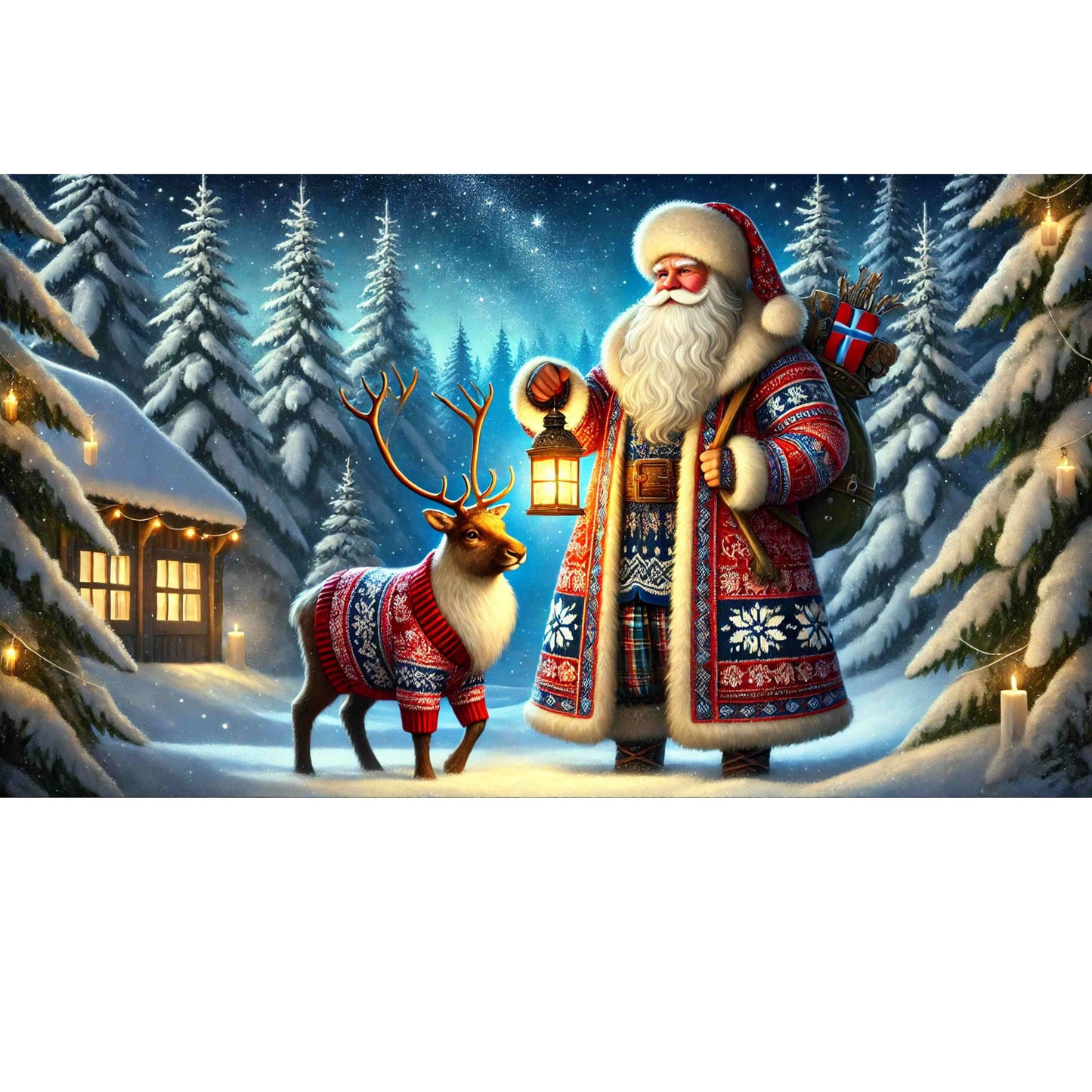 Norsk Santa with Lantern and Reindeer Canvas