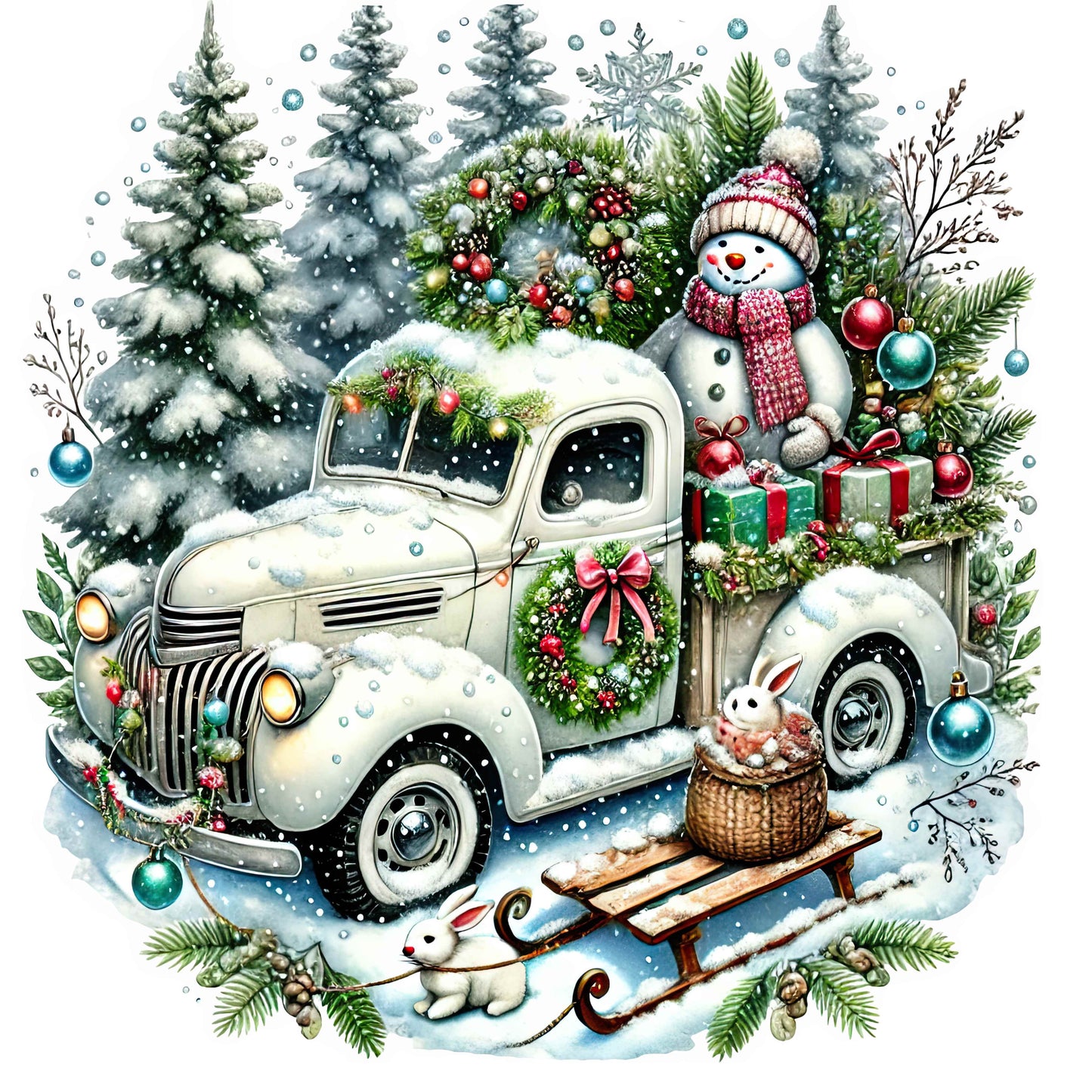 White Pickup Truck & Snowman Canvas