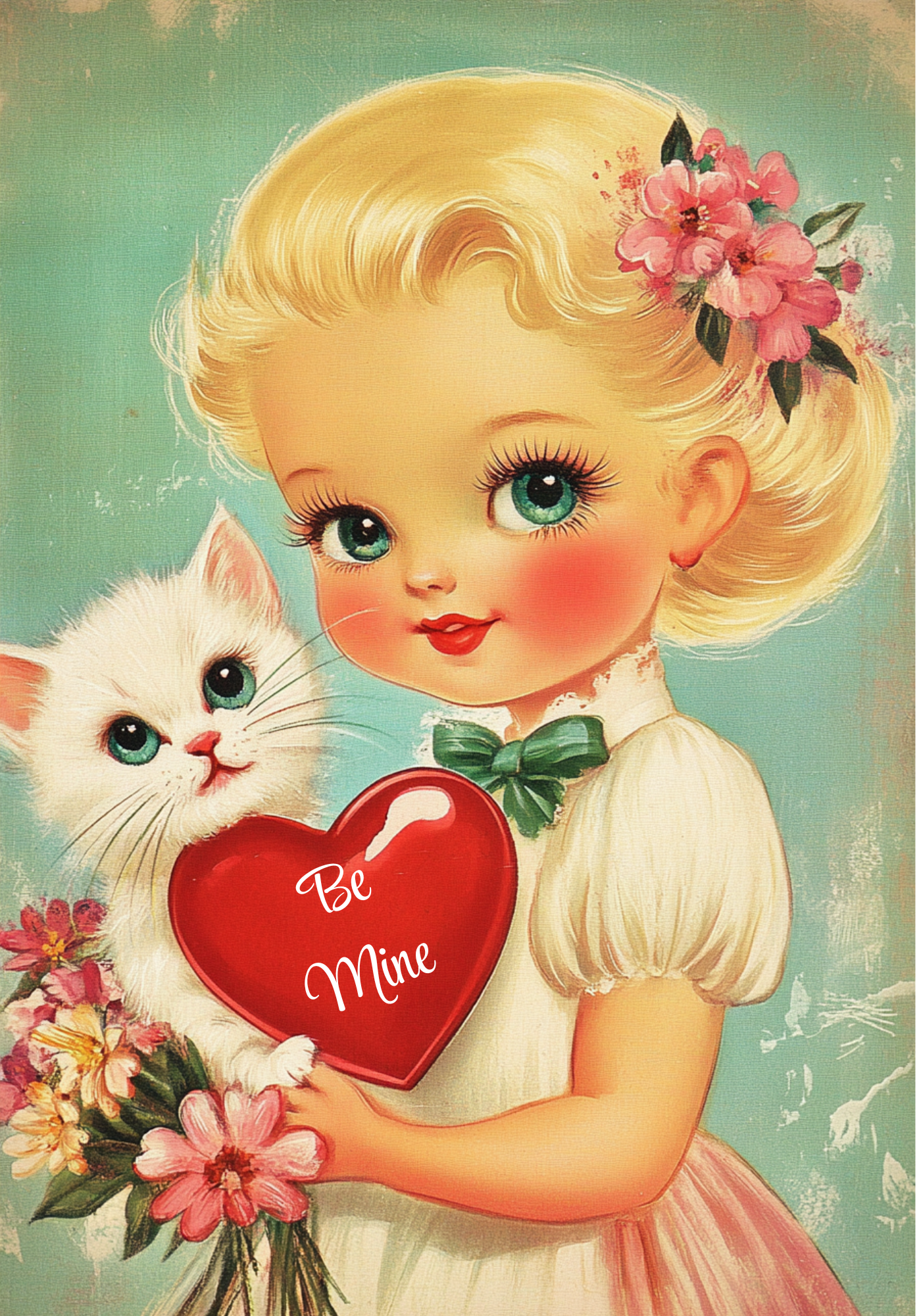 Valentine's Day - Vintage Girl with Kitten Fabric Canvas