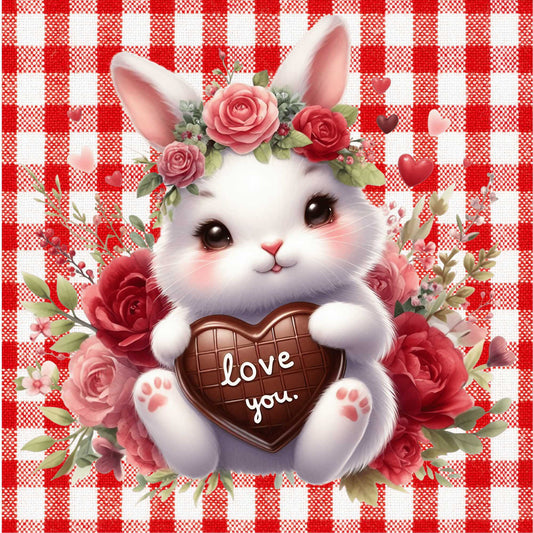 Valentine's Day - Plaid Bunny Love You Fabric Canvas