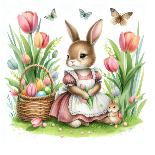 Spring Girl Rabbit with Basket of Tulips Fabric Canvas