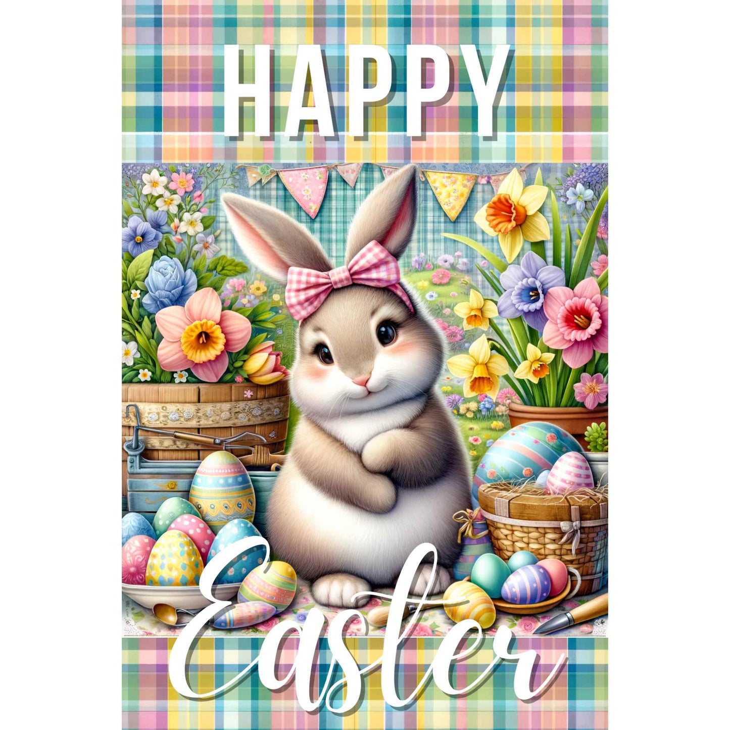 Easter - Plaid Rabbit Happy Easter Fabric Canvas