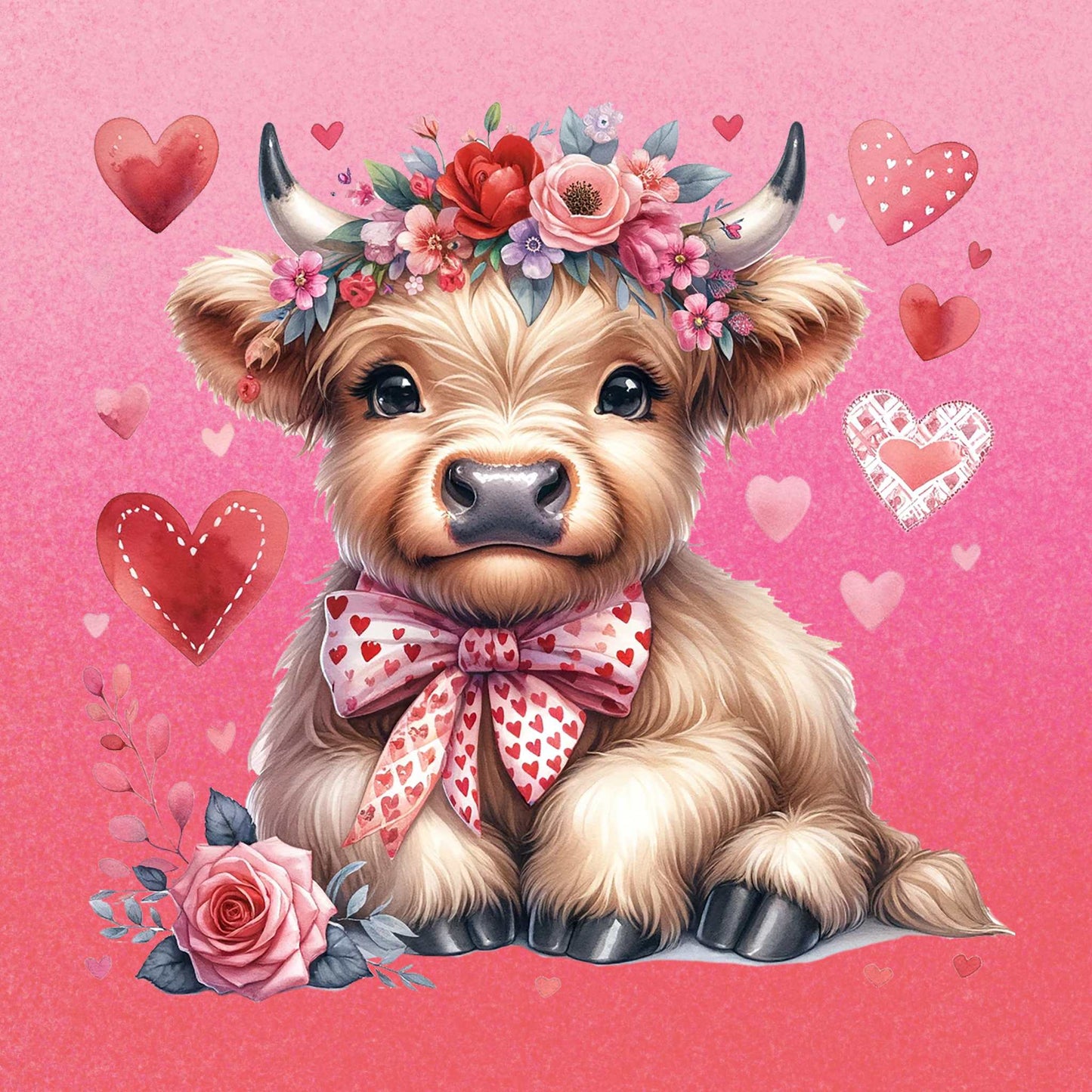 Valentine's Day - Floral Highland Cow Fabric Canvas