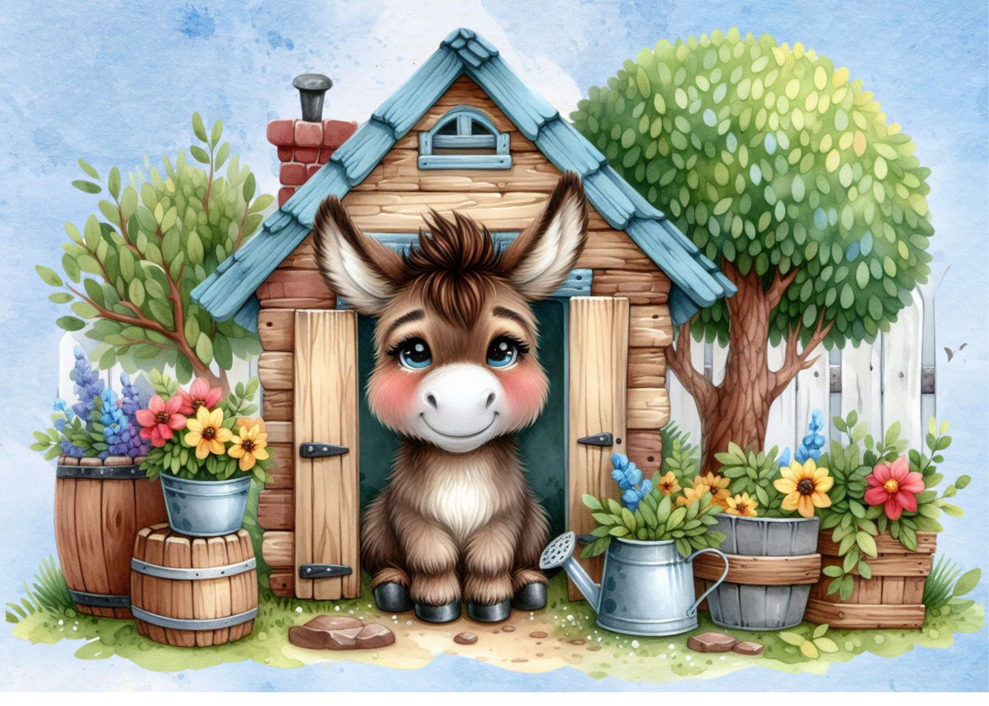 Donkey - in Blue House - Fabric Canvas